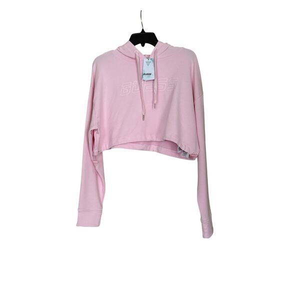 Guess Logo Cropped Hooded Sweatshirt Size S Reflective Long Sleeved pink - Picture 5 of 6